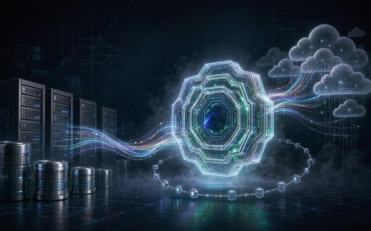 Server racks and databases streaming backup data through a resilient vault core to the cloud, ringed by recovery-point snapshots